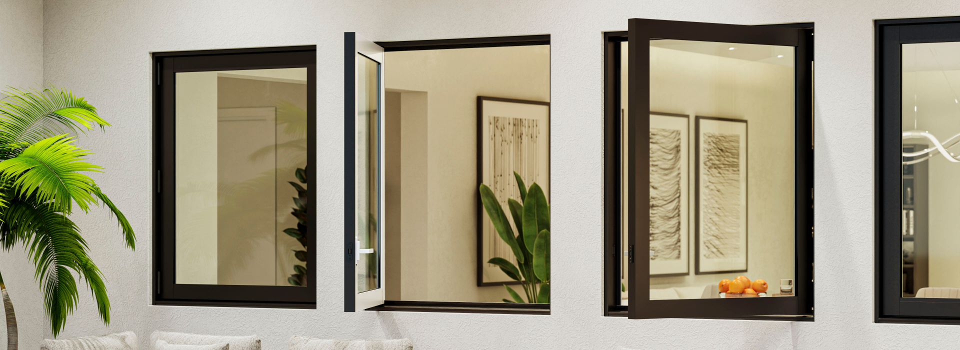 Operable custom window system with modern black frames showing multiple open positions for ventilation and outdoor connection.